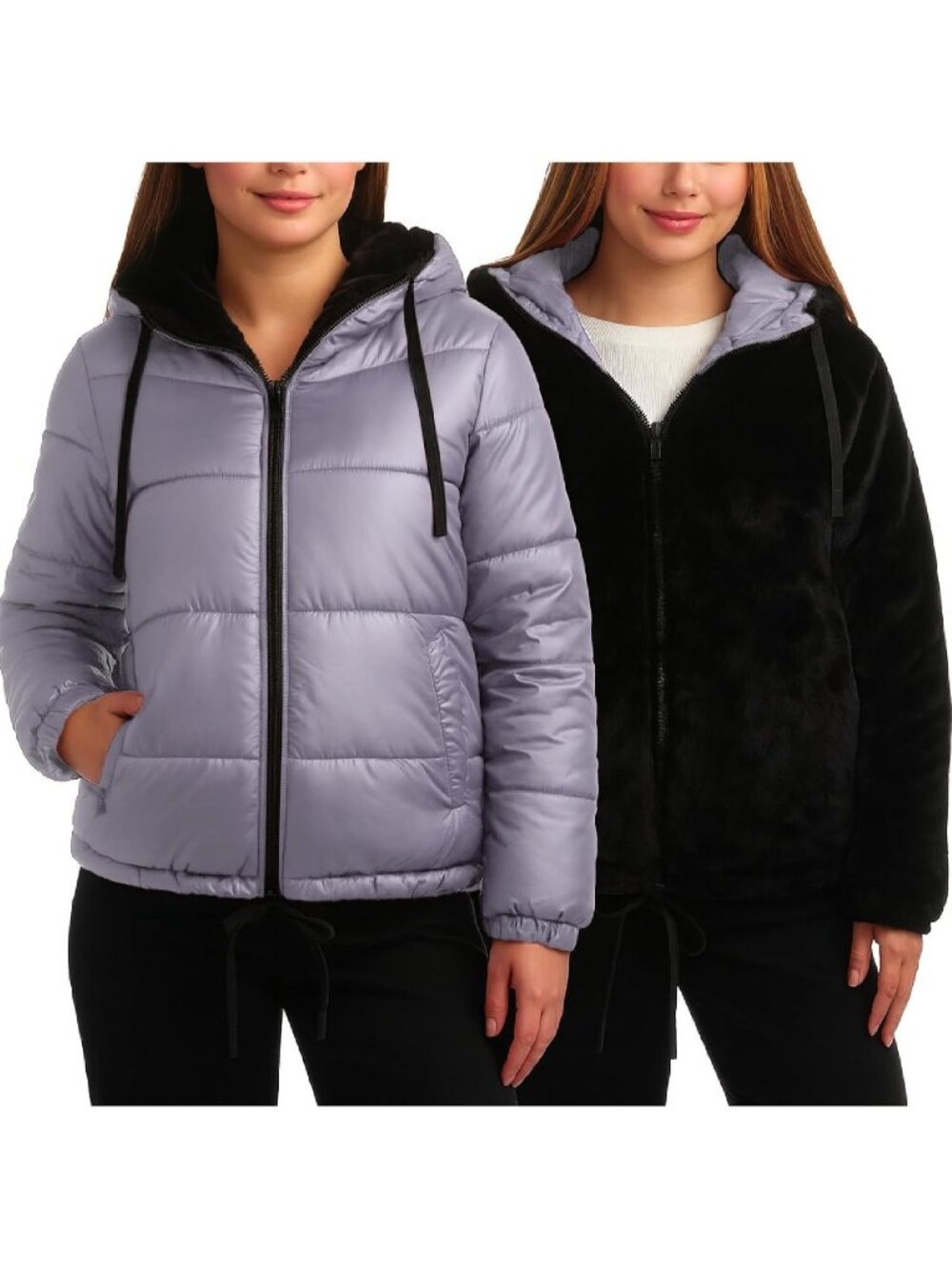 Steve Madden Women's Titanium Reversible Quilted Puffer Faux Fur Lined Jackets